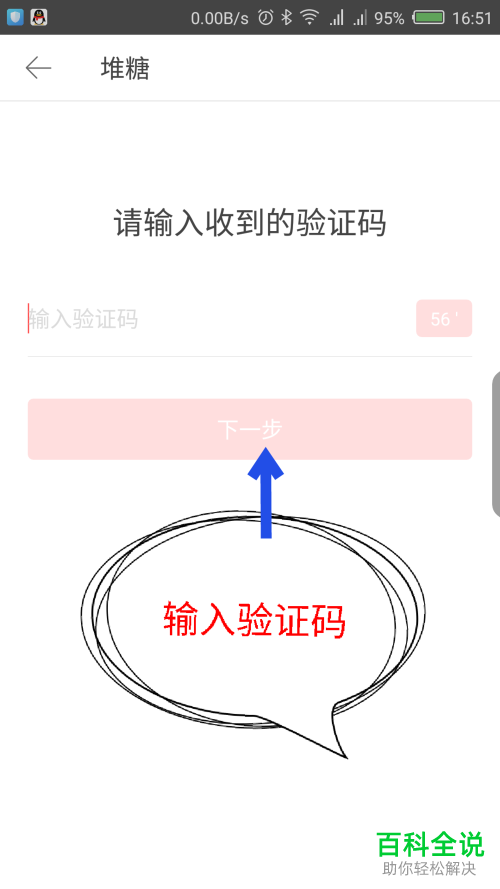 之后手机就会收到一条验证码短信,将验证码输入,然后点击"下一步".